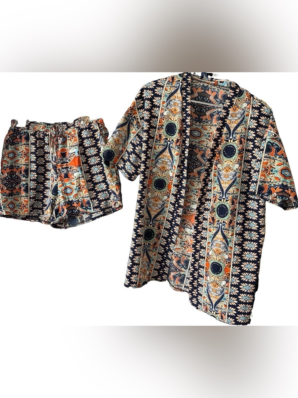Boho Flowy Floral Paisley Print Two-Piece Summer Vacation Shorts Set Women’s L